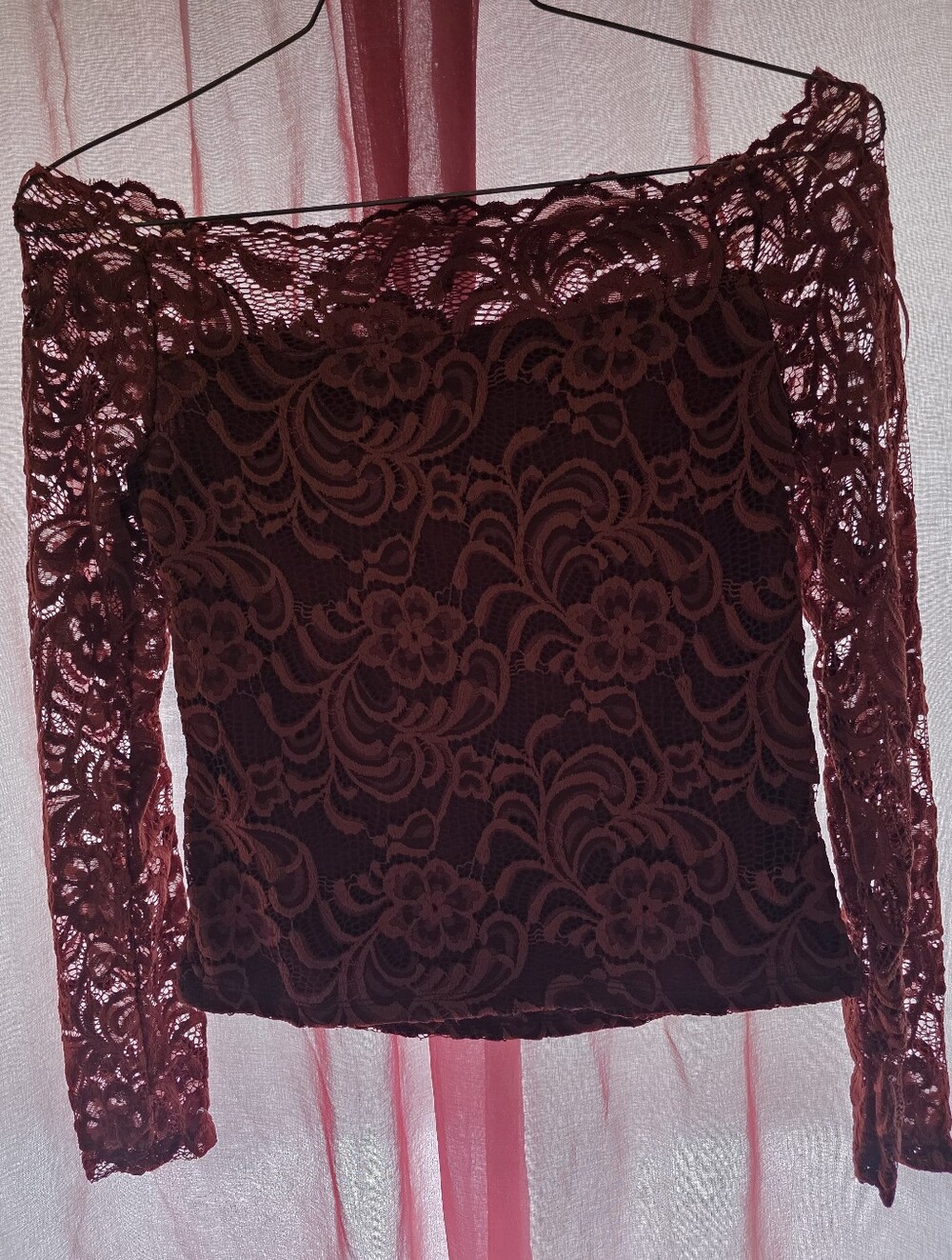 Ambiance Burgundy Lace Off-Shoulder Long Sleeve Blouse